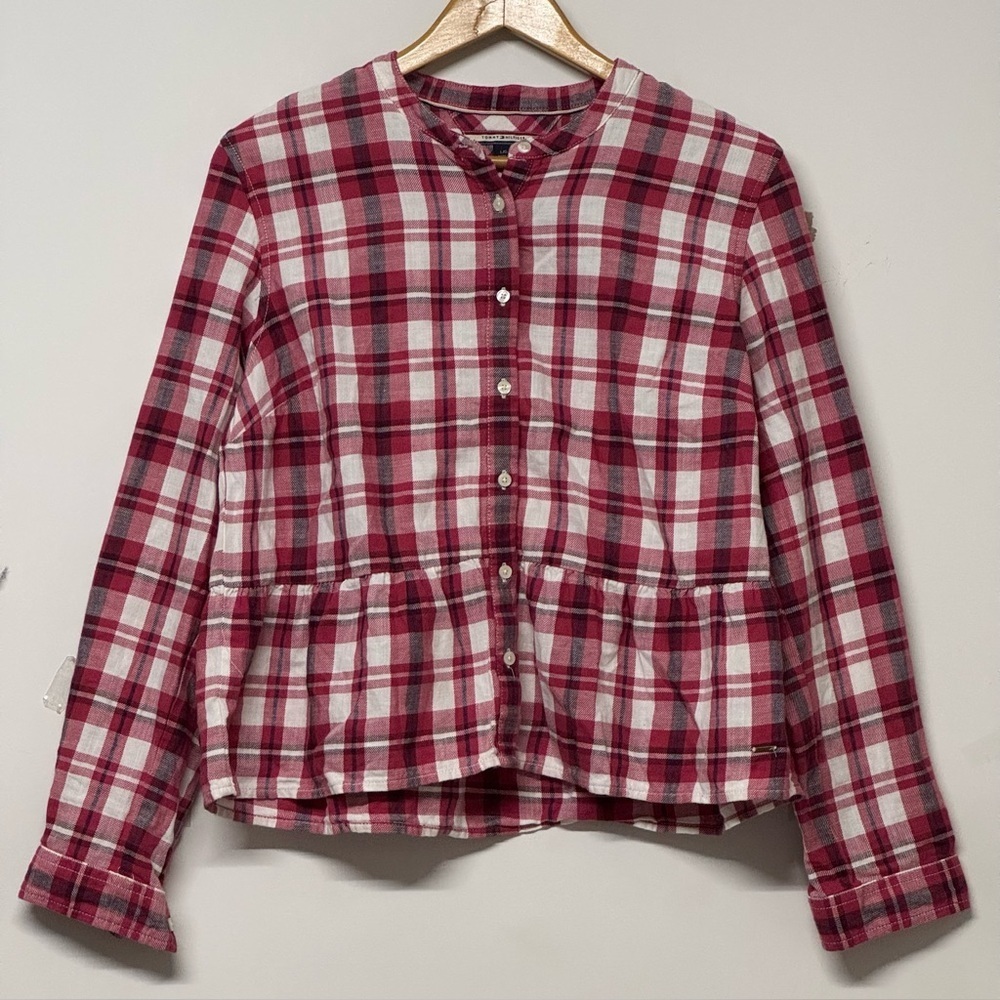 Tommy Hilfiger Red Plaid Long Sleeve Button Up Top 100% Cotton Large